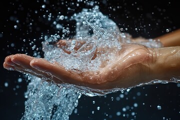 Fototapeta premium Freestyle swimmer’s muscular arm extended mid-stroke with water cascading off fingertips. Captures power, speed, and precision of professional swimming.