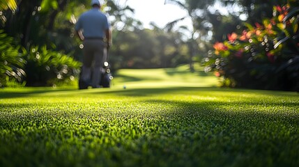 Golf Course Manager Tending to Lush Green Lawn with Blurred Foliage Background