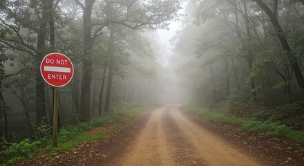 Do Not Enter Sign on Foggy Forest Road Landscape View