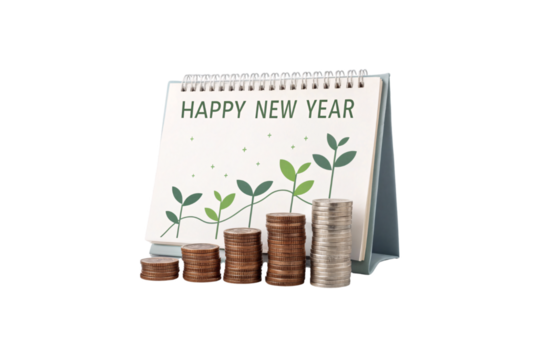 A white desk calendar with a nature-inspired “Happy New Year” message, surrounded by stacked coins. Green leaves growing from coins symbolize wealth accumulation, isolated on a transparent background - Powered by Adobe