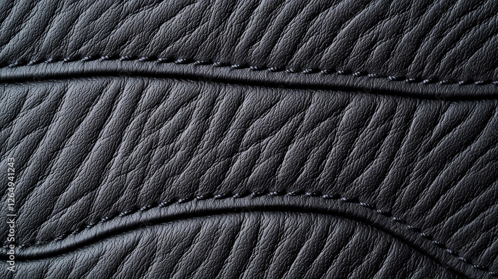 Fototapete close-up view of textured black leather with distinct wavy patterns and fine stitching