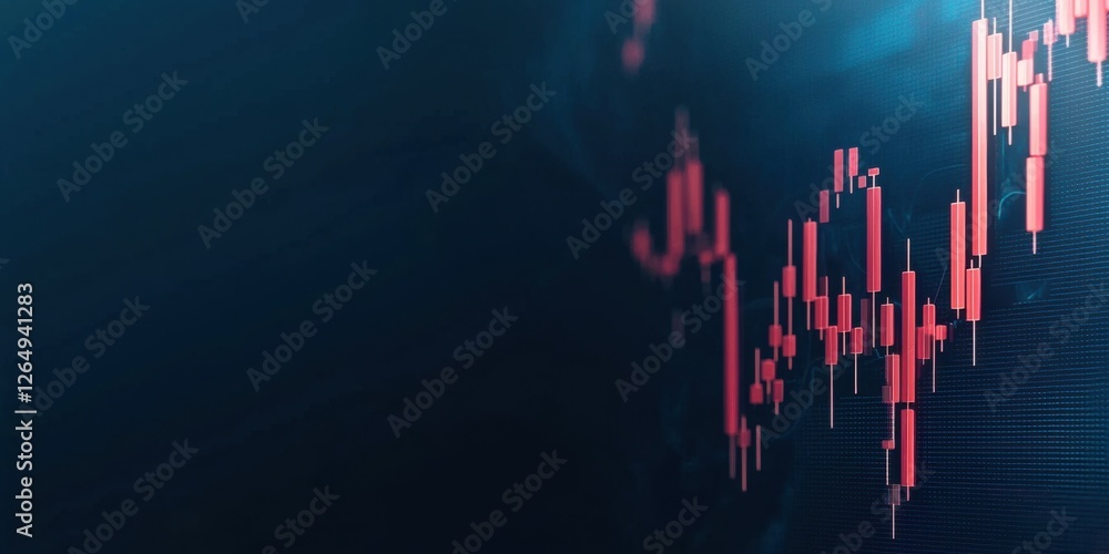 Poster a visual representation of financial data, featuring a candlestick chart with upward and downward tr