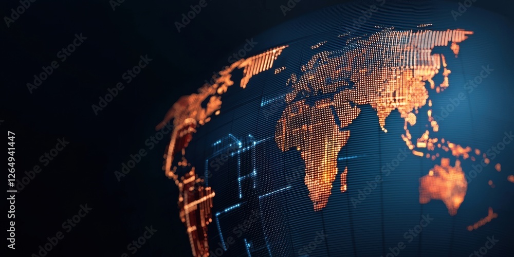 Poster a glowing digital map of the world with intricate lines and patterns, showcasing a blend of technolo