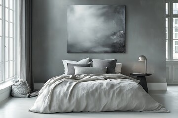 Elegant contemporary bedroom design featuring gray tones and minimalist decor in a cozy atmosphere