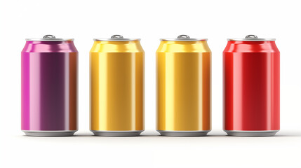 The tin drink cans, 4, purple, yellow, golgen, red, icon, front view, color sketch, isolate on a white background, picture, image for printing on a T-shirt, without people, signboard