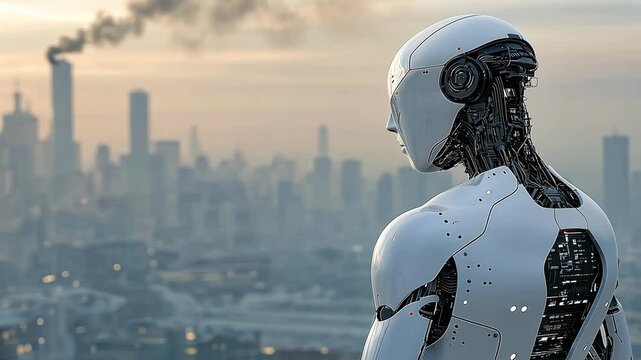 A modern robot surveys a ruined city landscape