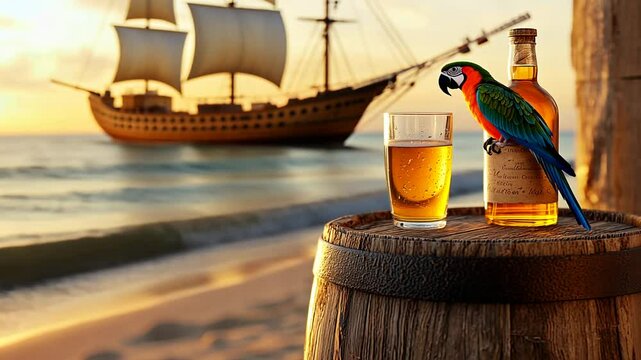 A serene tropical beach scene with rum and a parrot