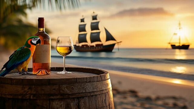 A tropical beach scene with rum and a colorful parrot