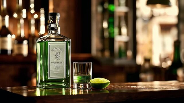 A vintage absinthe bottle with shot glass and lime wedge on wood table