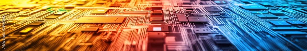 Poster Colorful abstract background of digital technology circuit boards and computer chips with vibrant gradients