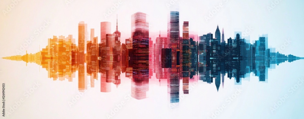 Poster Abstract City Skyline with Soundwave Effect in Vibrant Colors Creating a Dynamic Visual Representation