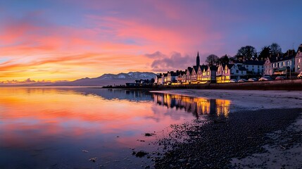 Fototapeta premium Tranquil Coastal Town at Sunset With Vibrant Reflections in Water