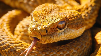 Obraz premium Desert golden snake, sunlit, coiled, tongue out, background blur