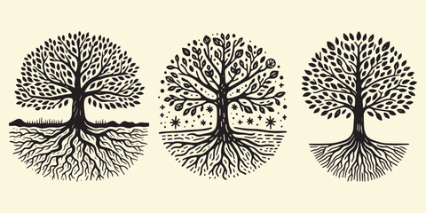 simple Hand drawn tree with roots flat vector illustration linocut