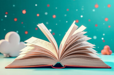 Creative 3D poster dedicated to the International Children's Book Day. an open children's book with design elements