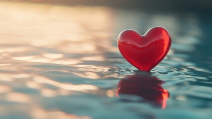 Fototapeta premium Red heart on tranquil water surface representing love and serenity