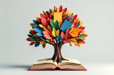 Creative poster design dedicated to the International Children's Book Day. A bright tree with children's books and notebooks growing on it