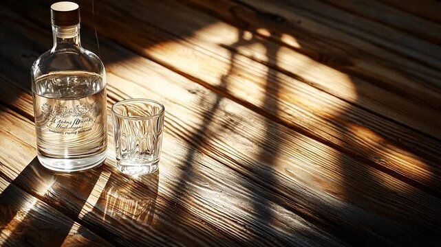 Cyrillic Vodka Bottle on Wooden Table with Shot Glass