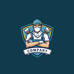 Painter Illustration with Mask and Brushes Ready to Work for Company