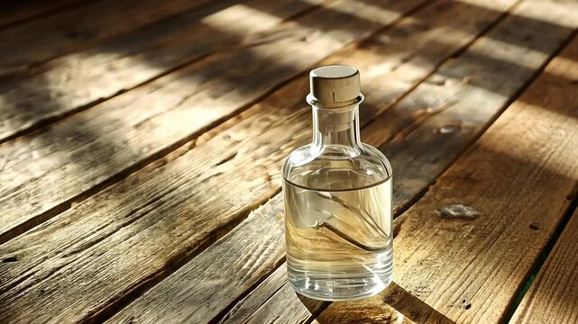 Elegant gin bottle on rustic wood table with soft ambient light