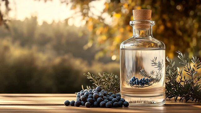 Elegant glass bottle of gin with juniper and blueberries