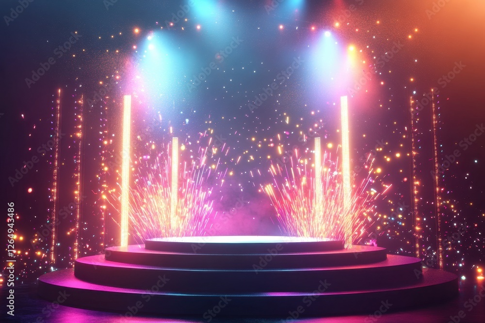 Poster a stage with a spotlight on it and a firework display