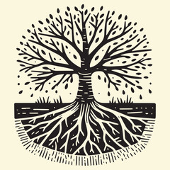 simple Hand drawn tree with roots flat vector illustration linocut