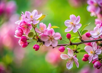 Obraz premium A spring apple branch, bursting with pink blossoms, artfully composed using the rule of thirds.