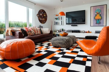 Modern living room featuring vibrant decor and cozy furniture with bold colors and patterns