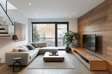 Fototapeta premium Modern living room design featuring stylish furnishings and natural light in an urban home
