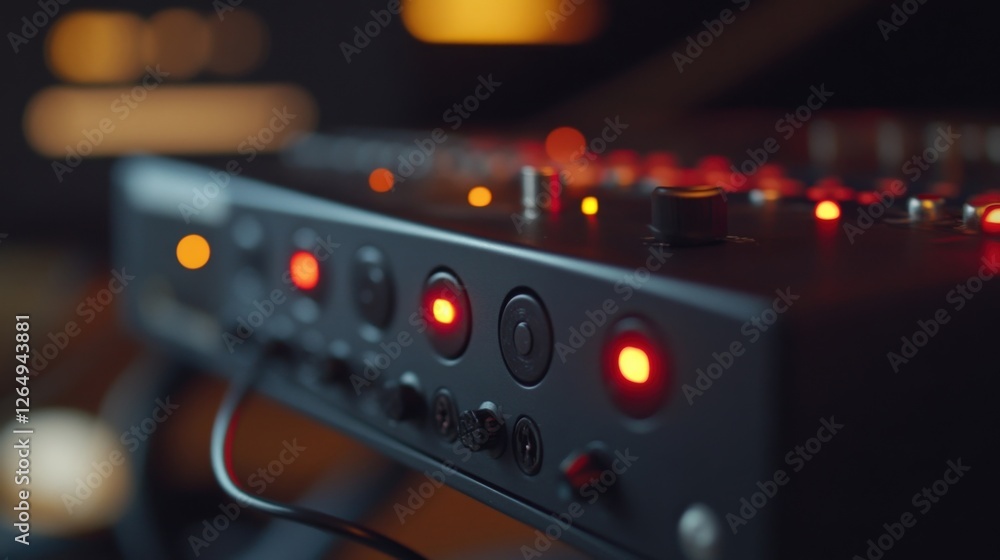 Poster close up of a professional audio mixer with illuminated buttons and knobs, showcasing the intricate 