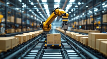 Fototapeta premium Automated Warehouse: Robotic Arm Sorting Packages on Conveyor Belt