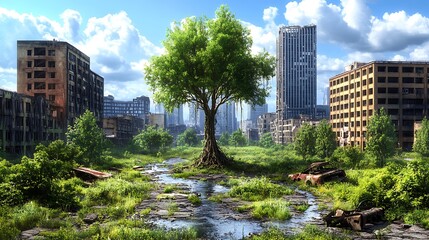 Fototapeta premium Post Apocalyptic City Overgrown with Nature Lush Greenery