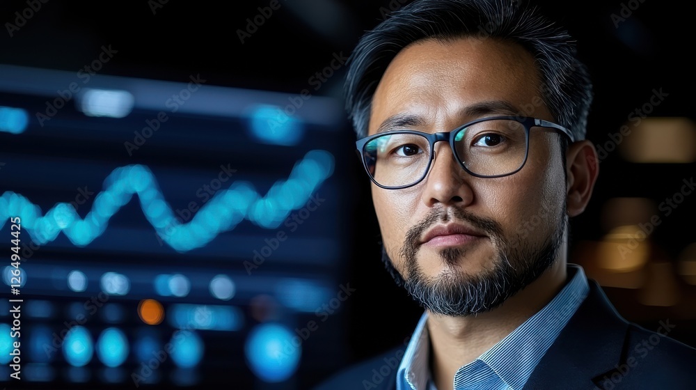 Aufkleber portrait of a confident asian business executive in a suit and glasses standing in front of a projec