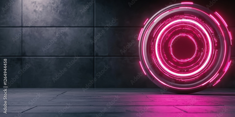 Poster a futuristic, luminescent circular object with pink lights stands against a textured wall, creating 