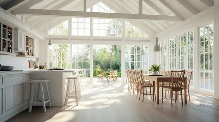 Bright White Kitchen and Dining Room with Expansive Windows and Serene Natural Light