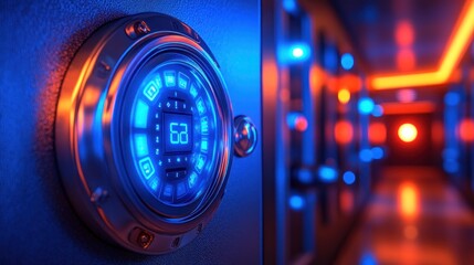 Digital vault security panel, glowing, server room