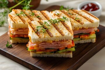 Delicious Grilled Sandwiches with Ham and Fresh Vegetables on a Wooden Cutting Board
