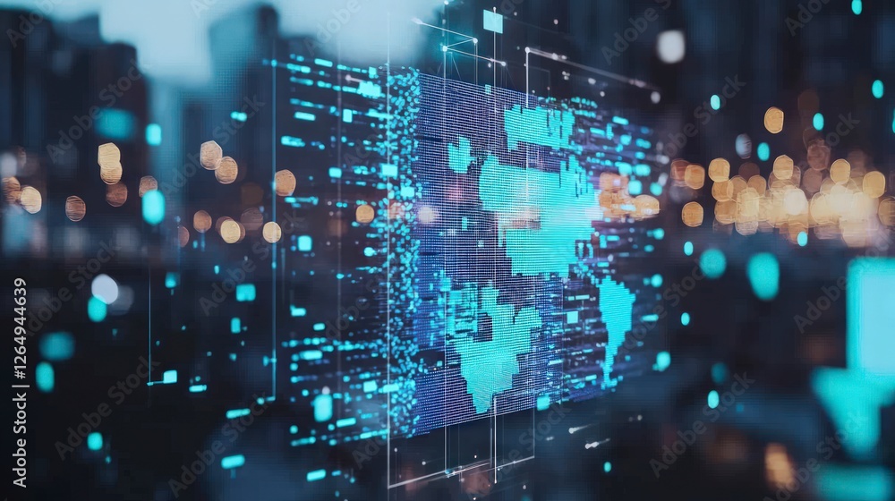 Aufkleber global network data digital world map futuristic cityscape tech background