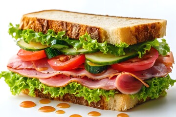 Delicious Sandwich with Ham Tomato Cucumber and Lettuce on White Background Studio Shot
