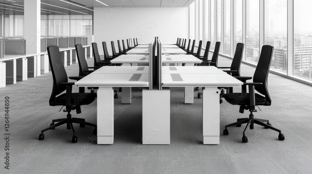 Aufkleber modern office space with rows of desks and black office chairs in bright, open workspace environment
