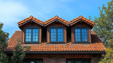 Dormers, tile roof, brick house, sunny day, real estate