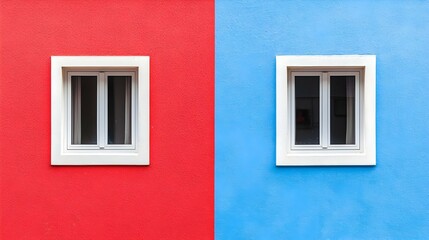 Two White Windows on Red and Blue Walls