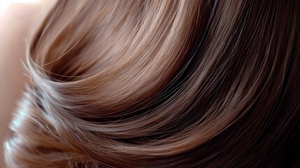 Naklejka premium Luxurious Brown Hair Shiny Curls Cascading Waves Smooth Texture Closeup