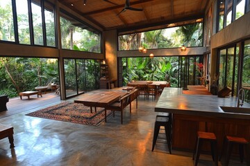 Fototapeta premium Modern open-concept living space surrounded by lush greenery in a serene tropical area
