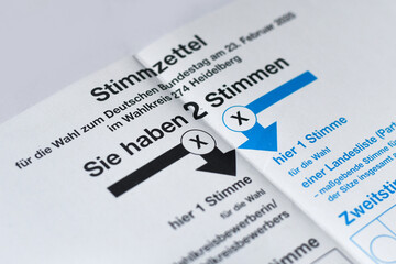 Germany - February 2025: Close up of ballot paper for German federal parliament election called 'Bundestagswahl'