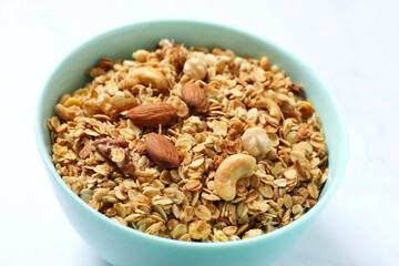 Delicious granola on a light background