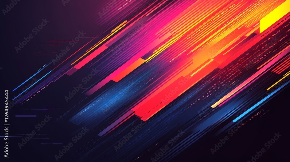 Poster vibrant neon vector art of layered computer code with clean lines on dark background
