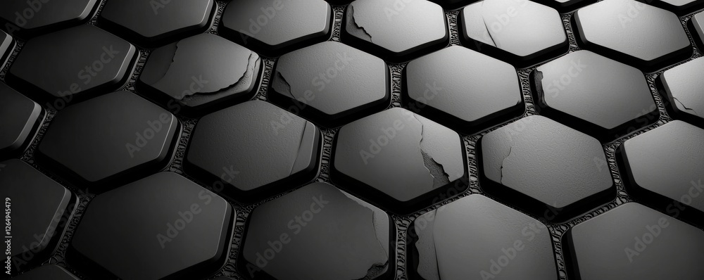 Poster Dark Hexagonal Pattern with Glossy Finish and Subtle Cracks for Modern Design and Textures