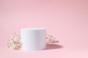 Podium and white gypsophila flowers on color background